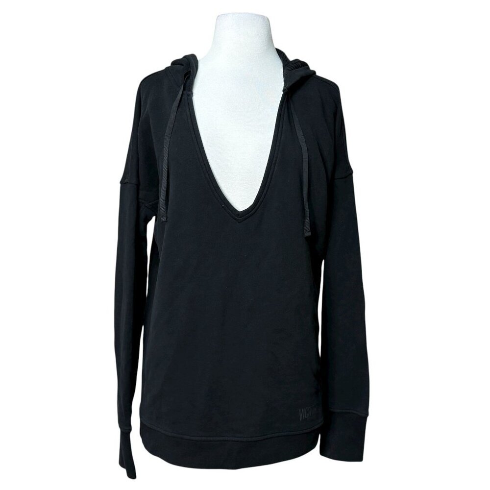 Victoria Sport V-Neck Hooded Sweatshirt Solid Black Size Med